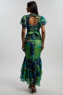 Robe Longue Boutonnée À Manches Volantées Imprimé Animal