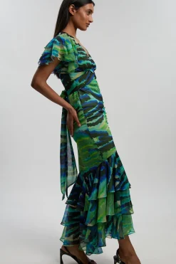 Robe Longue Boutonnée À Manches Volantées Imprimé Animal