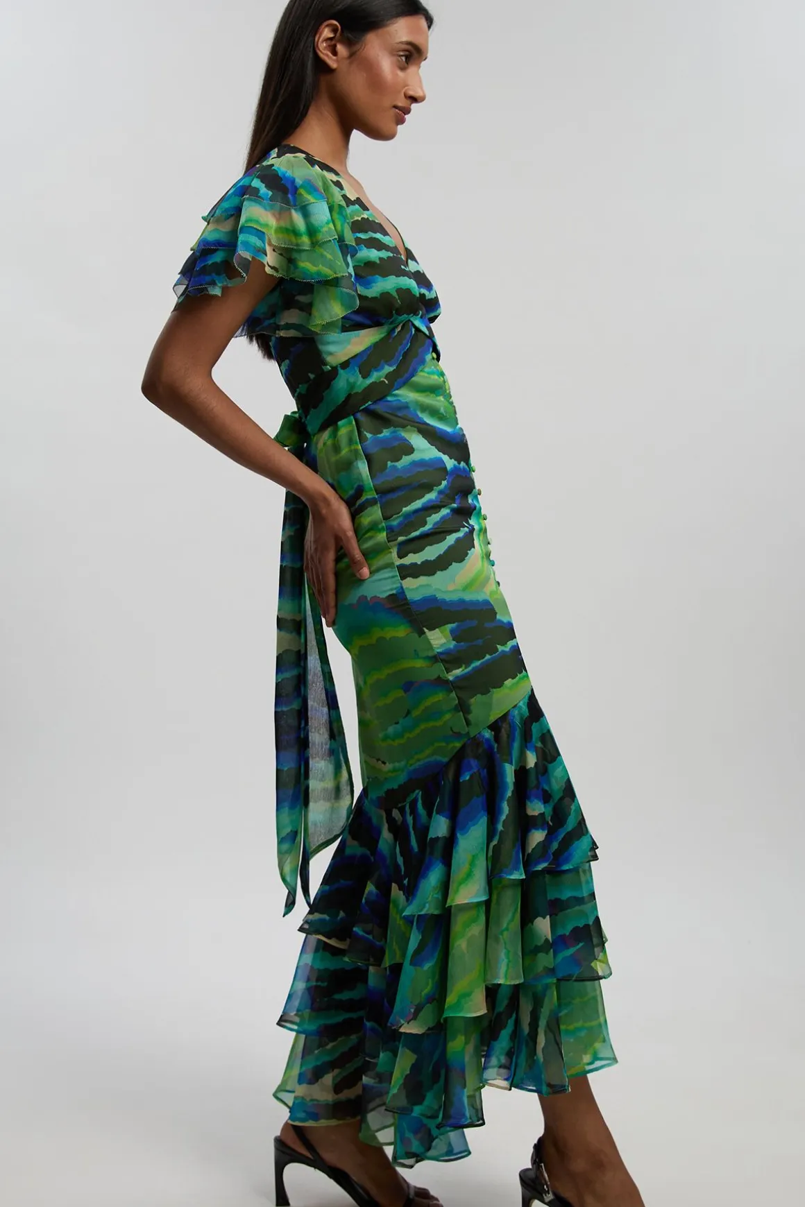 Robe Longue Boutonnée À Manches Volantées Imprimé Animal