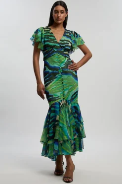 Robe Longue Boutonnée À Manches Volantées Imprimé Animal