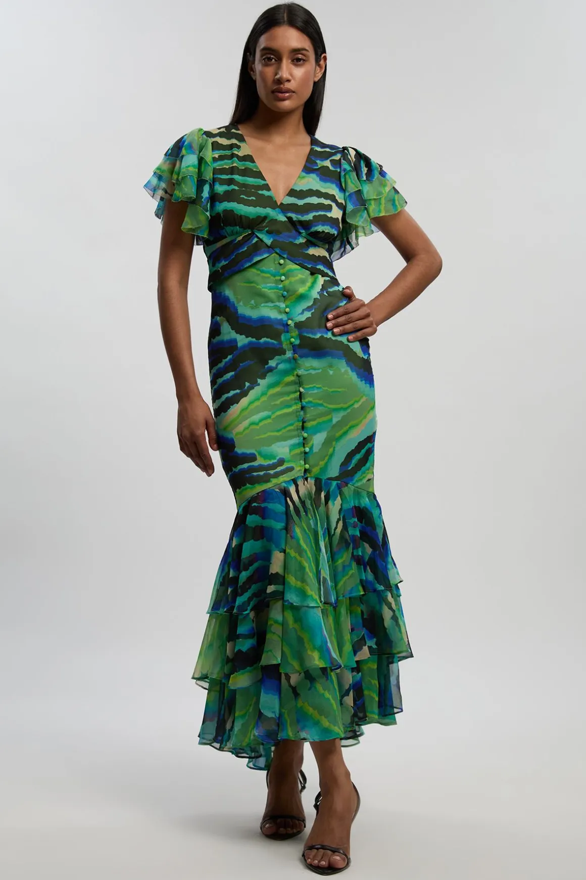 Robe Longue Boutonnée À Manches Volantées Imprimé Animal