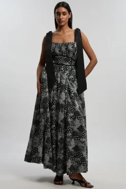 Robe Longue À Bretelles En Coton Et Soie Tissé Motif Géométrique Monochrome