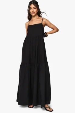 boohoo Robe Longue À Bretelles En Lin À Volants Étagés<Femme Robes|Robes De Jour