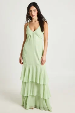 Robe Longue À Bretelles En Mousseline À Volants Ton Sur Ton