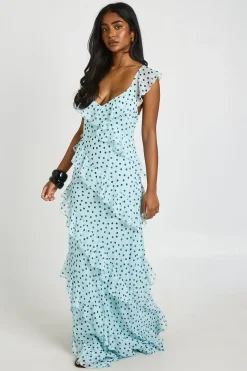 Robe Longue À Bretelles En Mousseline À Pois Avec Volants
