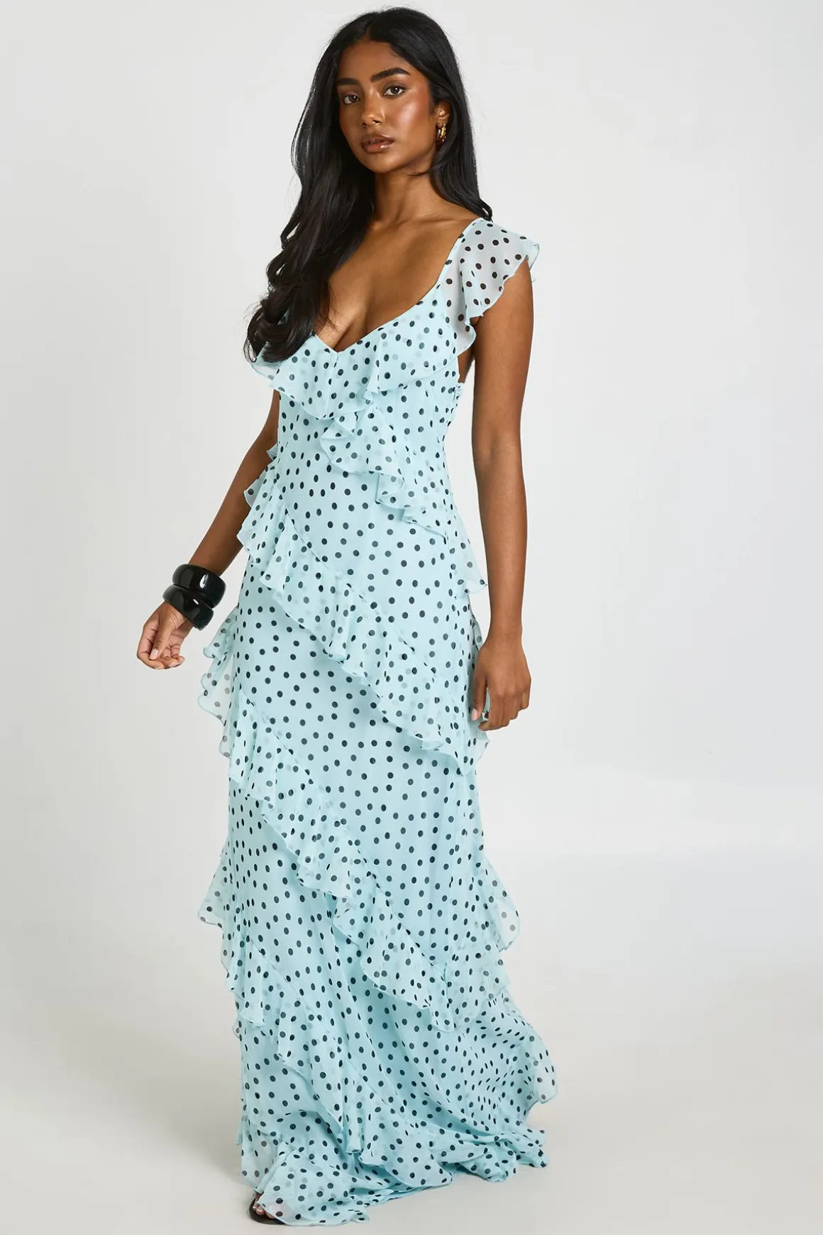 Robe Longue À Bretelles En Mousseline À Pois Avec Volants