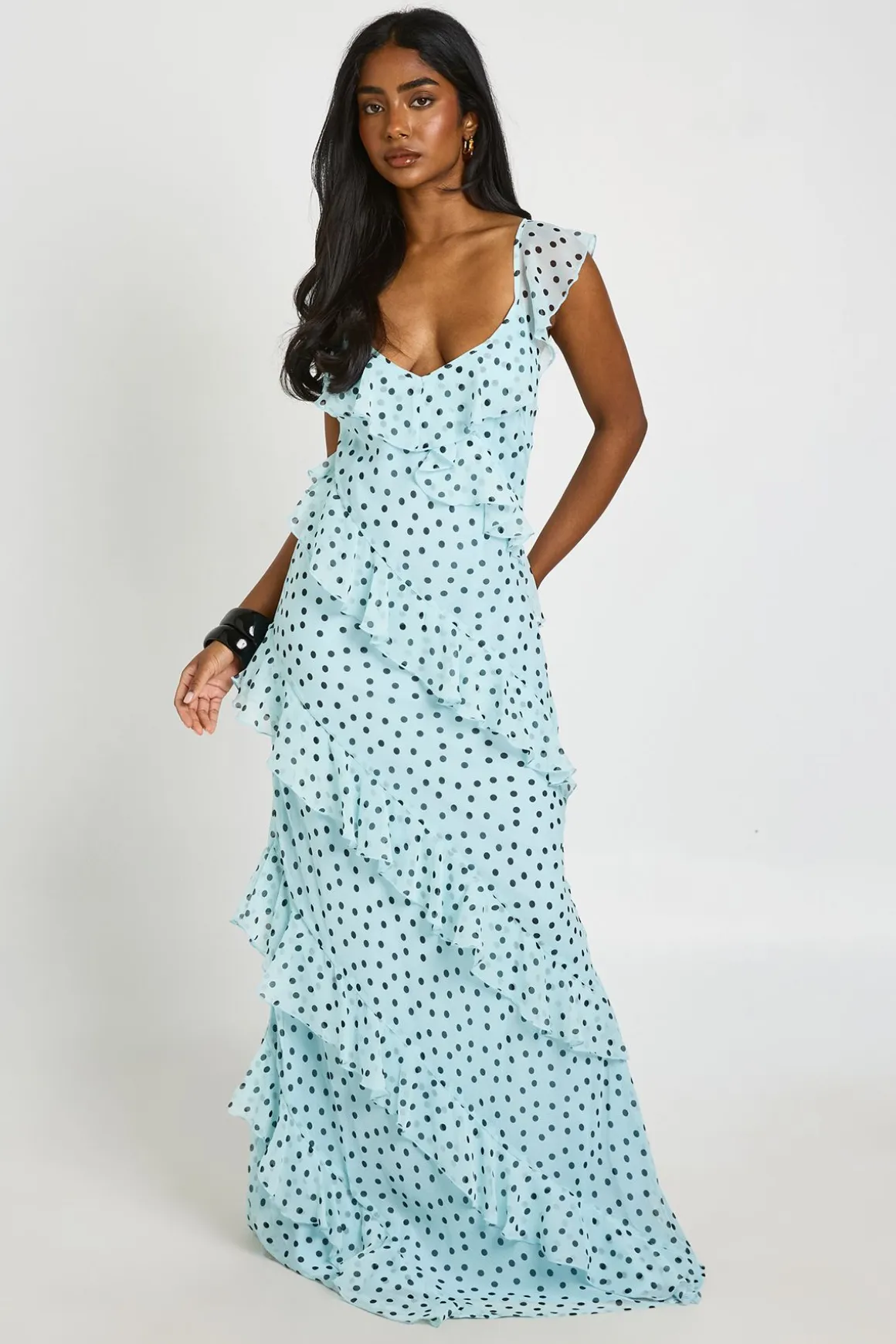 Robe Longue À Bretelles En Mousseline À Pois Avec Volants