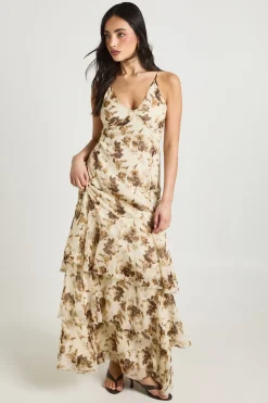 boohoo Robe Longue À Bretelles En Mousseline À Volants Et Motif Floral Tonal<Femme Robes|Robe Invitée Mariage