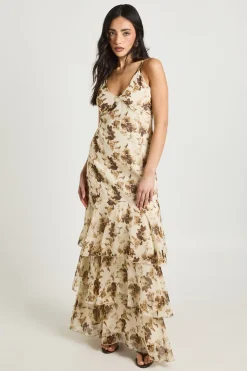 boohoo Robe Longue À Bretelles En Mousseline À Volants Et Motif Floral Tonal<Femme Robes|Robe Invitée Mariage