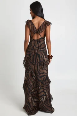boohoo Robe Longue à Bretelles en Mousseline avec Volants et Motif Zèbre Tonal<Femme Robes|Robe Invitée Mariage