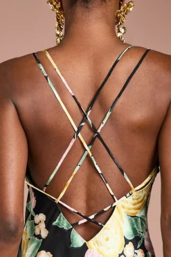 Robe Longue à Bretelles en Satin Jacquard avec Détails de Franges