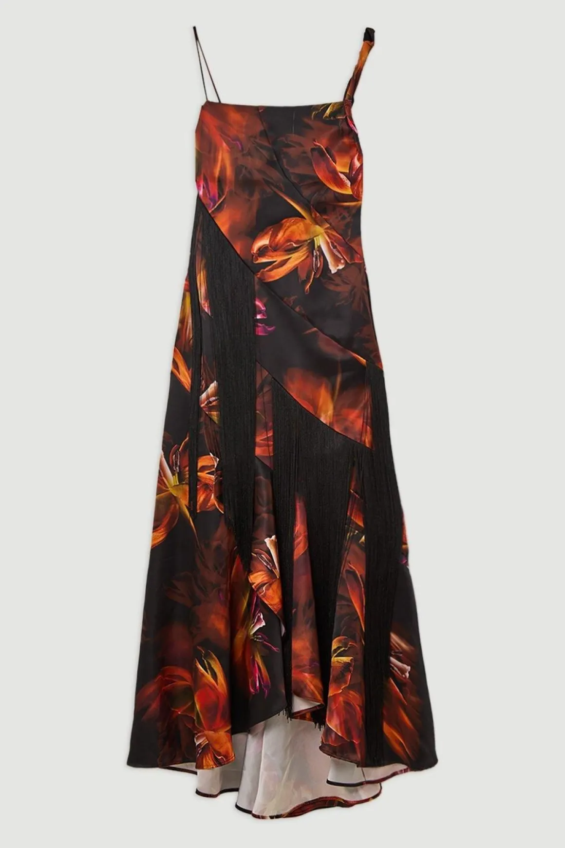 Robe Longue À Bretelles En Satin Lourd Tissé À Imprimé Floral Avec Panneaux À Franges