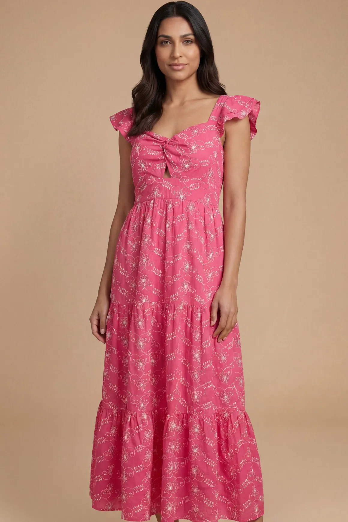Robe Longue Brodée À Détail Torsadé Devant Et Volants Étagés Petite