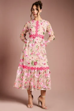 Robe Longue Brodée à Motifs Floraux