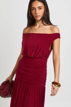 boohoo Robe Longue À Bustier Bardot Froncé<Femme Robes|Robe Invitée Mariage