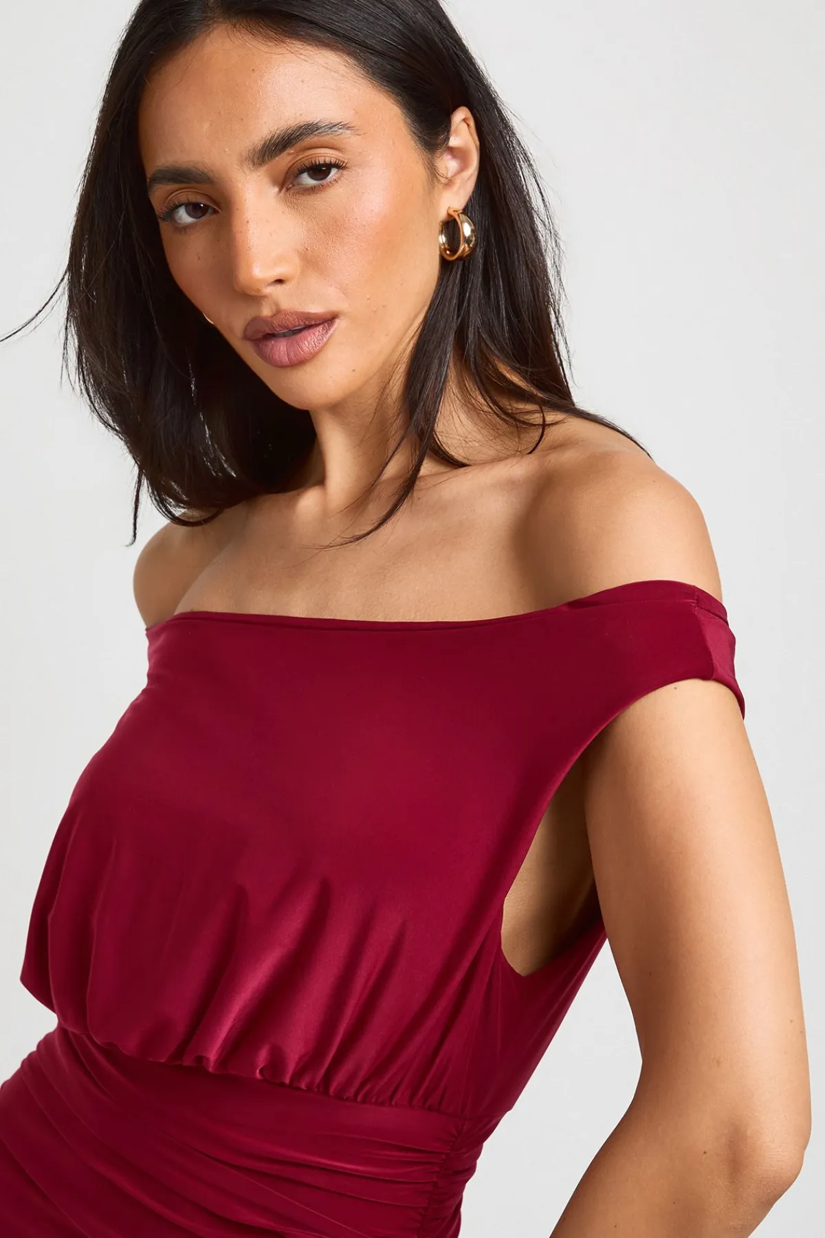 boohoo Robe Longue À Bustier Bardot Froncé<Femme Robes|Robe Invitée Mariage