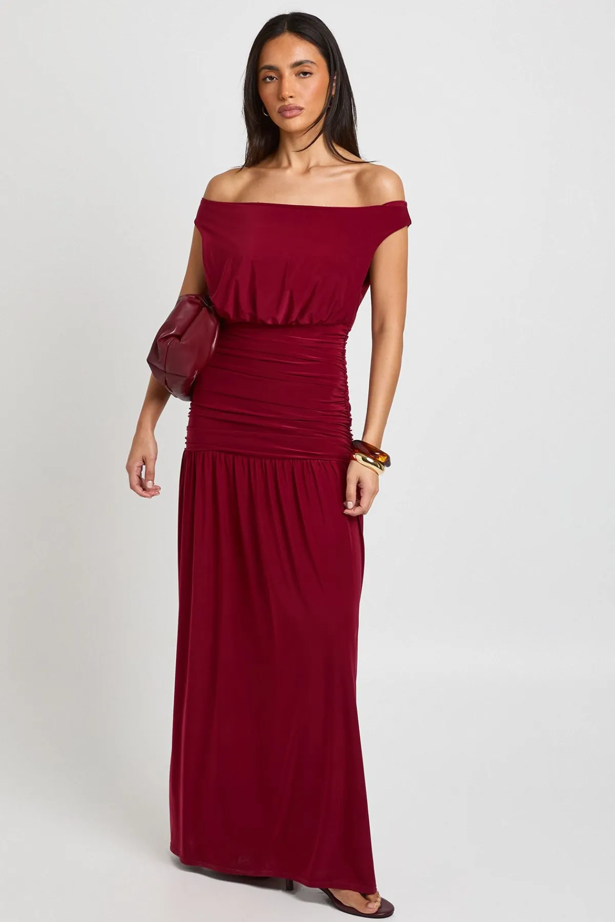 boohoo Robe Longue À Bustier Bardot Froncé<Femme Robes|Robe Invitée Mariage