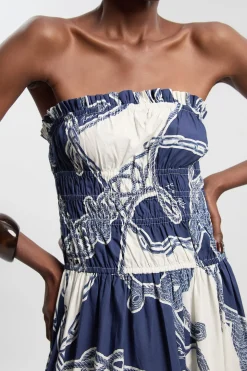 Robe Longue Bustier Froncée En Coton Tissé À Imprimé Chaîne Et Volants Étagés