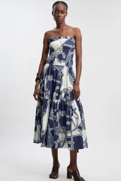 Robe Longue Bustier Froncée En Coton Tissé À Imprimé Chaîne Et Volants Étagés