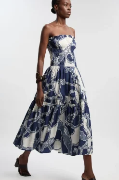 Robe Longue Bustier Froncée En Coton Tissé À Imprimé Chaîne Et Volants Étagés