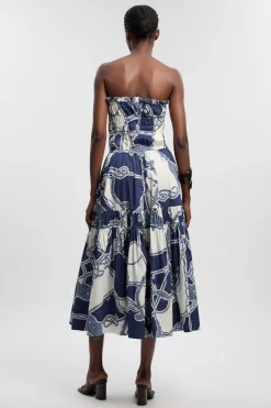 Robe Longue Bustier Froncée En Coton Tissé À Imprimé Chaîne Et Volants Étagés