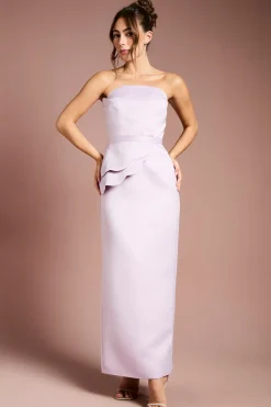 Robe Longue Bustier Structurée en Satin avec Détails Festonnés