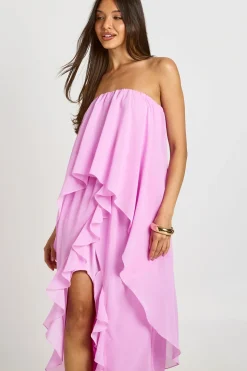 Robe Longue Bustier À Volants Superposés En Mousseline