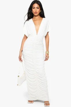 boohoo Robe Longue Cache-cœur Froncée À Double Épaisseur Avec Manches Chauve-souris<Femme Robes Moulantes|Robes À Manches Longues