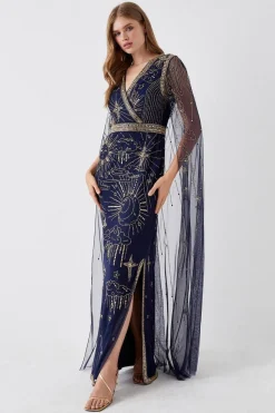 Robe Longue à Cape Dorsale Ornée Celestial Hand