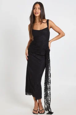 boohoo Robe Longue Caraco À Détail Taille Nouée En Dentelle<Femme Robes Moulantes|Satin Et Dentelle