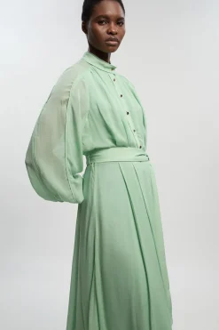 Robe Longue Ceinturée En Georgette De Viscose Tissée