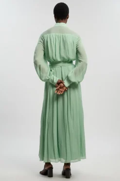 Robe Longue Ceinturée En Georgette De Viscose Tissée