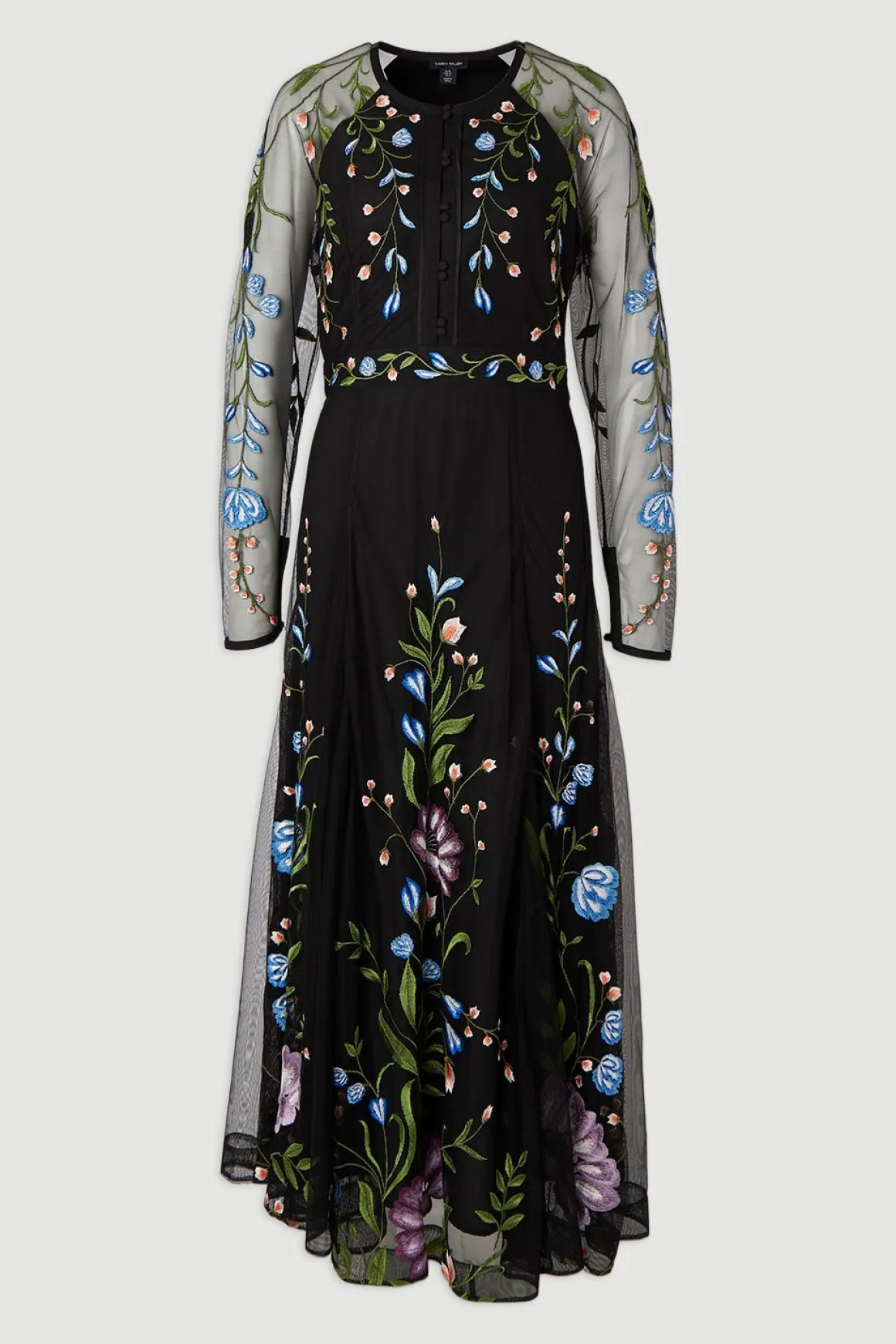 Robe Longue Ceinturée en Maille Tissée avec Broderies Florales Placées