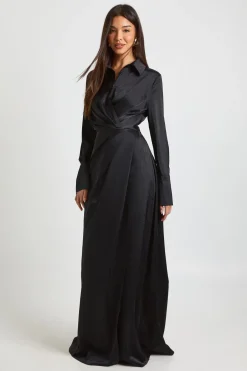 boohoo Robe Longue Chemise en Satin à Manches Longues avec Taille Drapée<Femme Satin Et Dentelle|Robes À Manches Longues