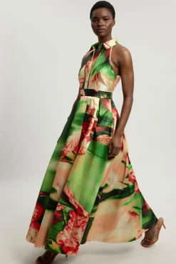 Robe Longue Col Chemise En Sergé Motif Orchidée Floue
