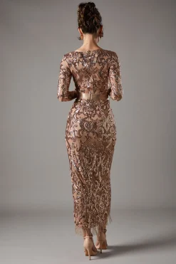 Robe Longue À Col En V En Dentelle À Sequins Avec Bordure Ornementale