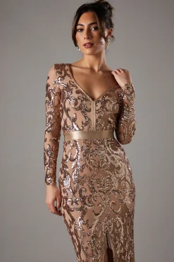 Robe Longue À Col En V En Dentelle À Sequins Avec Bordure Ornementale