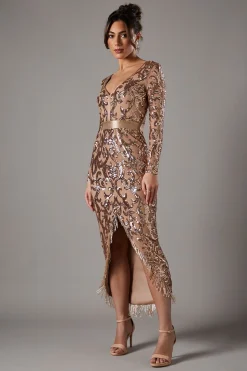 Robe Longue À Col En V En Dentelle À Sequins Avec Bordure Ornementale