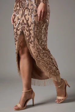 Robe Longue À Col En V En Dentelle À Sequins Avec Bordure Ornementale