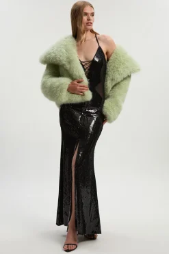 KarenMillen Robe Longue à Col Halter avec Détail Fendu, Laçage Devant et Maille Power Mesh à Sequins<Femme Satin Et Dentelle|Robes