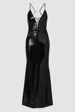 KarenMillen Robe Longue à Col Halter avec Détail Fendu, Laçage Devant et Maille Power Mesh à Sequins<Femme Satin Et Dentelle|Robes