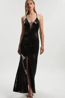 KarenMillen Robe Longue à Col Halter avec Détail Fendu, Laçage Devant et Maille Power Mesh à Sequins<Femme Satin Et Dentelle|Robes