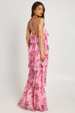 boohoo Robe Longue À Col Halter Étagée En Mousseline À Imprimé Floral Pour Grande Taille<Femme Robes|Robes De Soirée