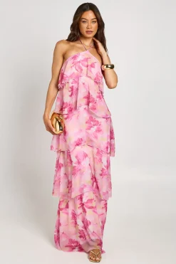 boohoo Robe Longue À Col Halter Étagée En Mousseline À Imprimé Floral Pour Grande Taille<Femme Robes|Robes De Soirée