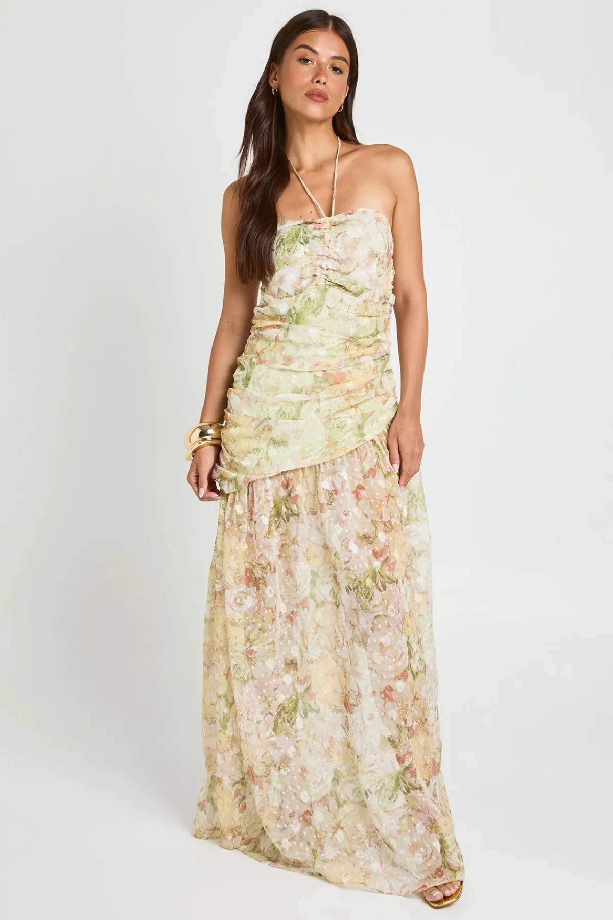 boohoo Robe Longue À Col Licou Avec Détails Froncés Et Motif Floral Jacquard<Femme Robes|Robe Invitée Mariage