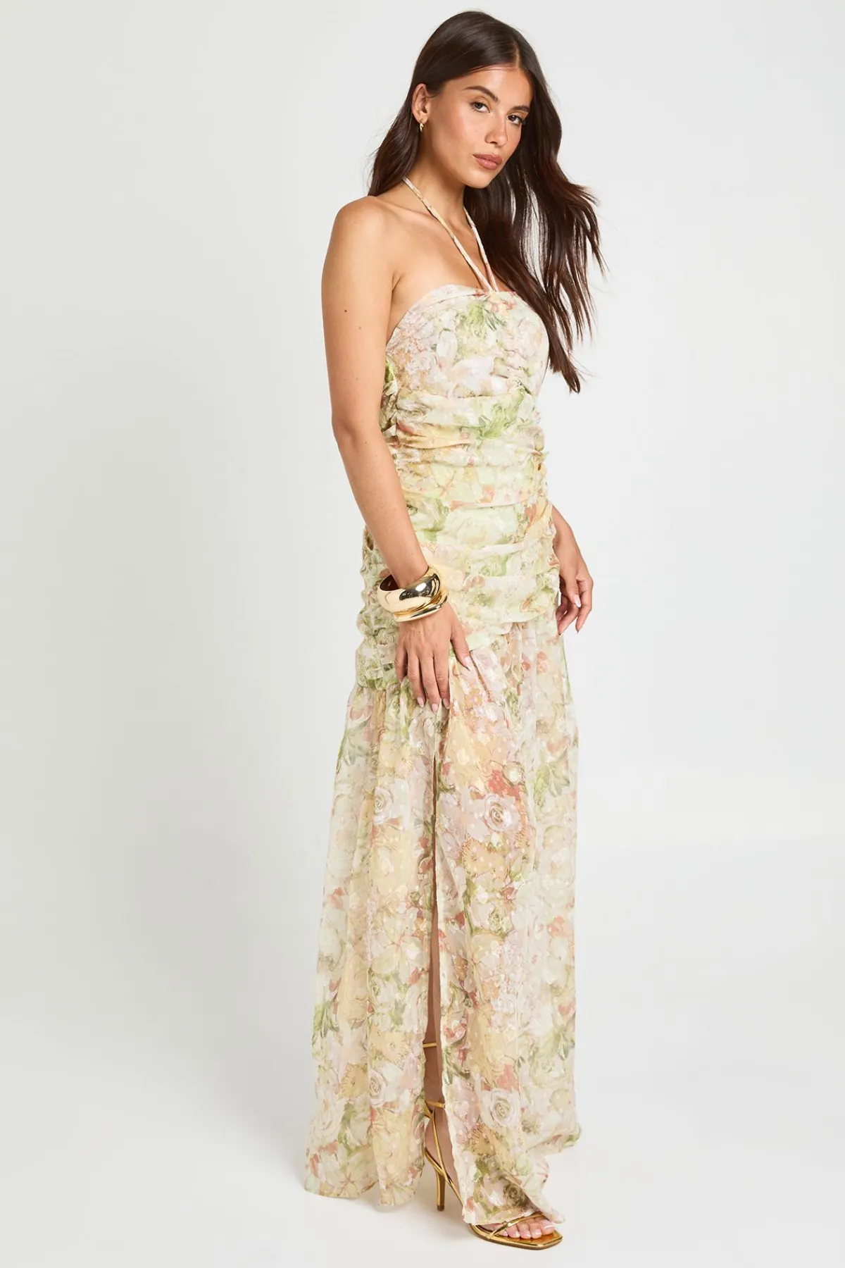 boohoo Robe Longue À Col Licou Avec Détails Froncés Et Motif Floral Jacquard<Femme Robes|Robe Invitée Mariage