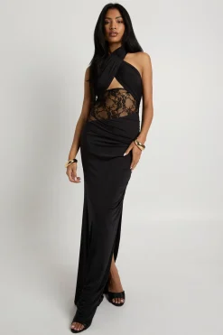 Robe Longue à Col Licou avec Insertion de Dentelle