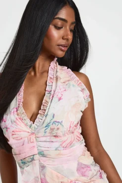 Robe Longue À Col Licou En Mousseline Fleurie Avec Détails Volantés