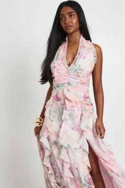 Robe Longue À Col Licou En Mousseline Fleurie Avec Détails Volantés