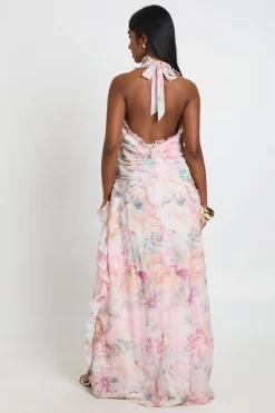 Robe Longue À Col Licou En Mousseline Fleurie Avec Détails Volantés